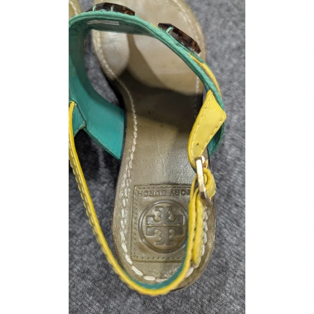 Tory Burch Sandals Womens 6M Green Yellow Boho Jewels Embellished Wearable Art